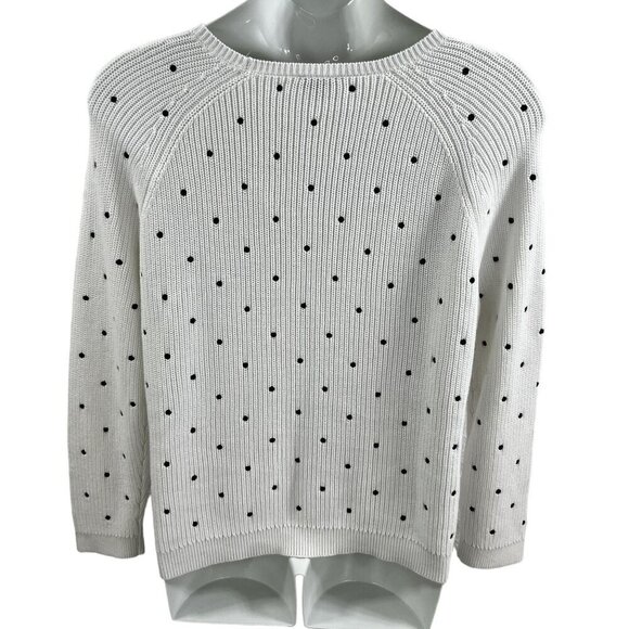 Talbots XL Womens 100% Pima Cotton White Black Polka Dot Ribbed PullOver Sweater - Picture 2 of 15